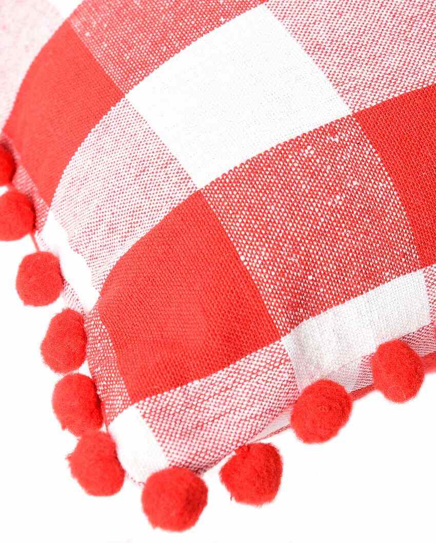 Rustic Check Pom Pom Design Cotton Cushion Covers  | Multiple Colors | Set Of 2 | 24 x 24 inches