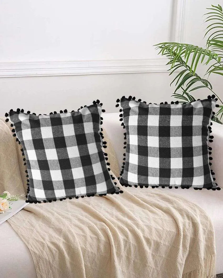 Rustic Check Pom Pom Design Cotton Cushion Covers  | Multiple Colors | Set Of 2 | 24 x 24 inches