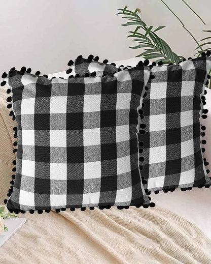 Rustic Check Pom Pom Design Cotton Cushion Covers  | Multiple Colors | Set Of 2 | 24 x 24 inches