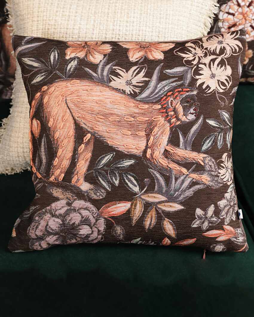 Vanar Chenille Brown Cushion Cover With Embroidery | 12 x 12 inches