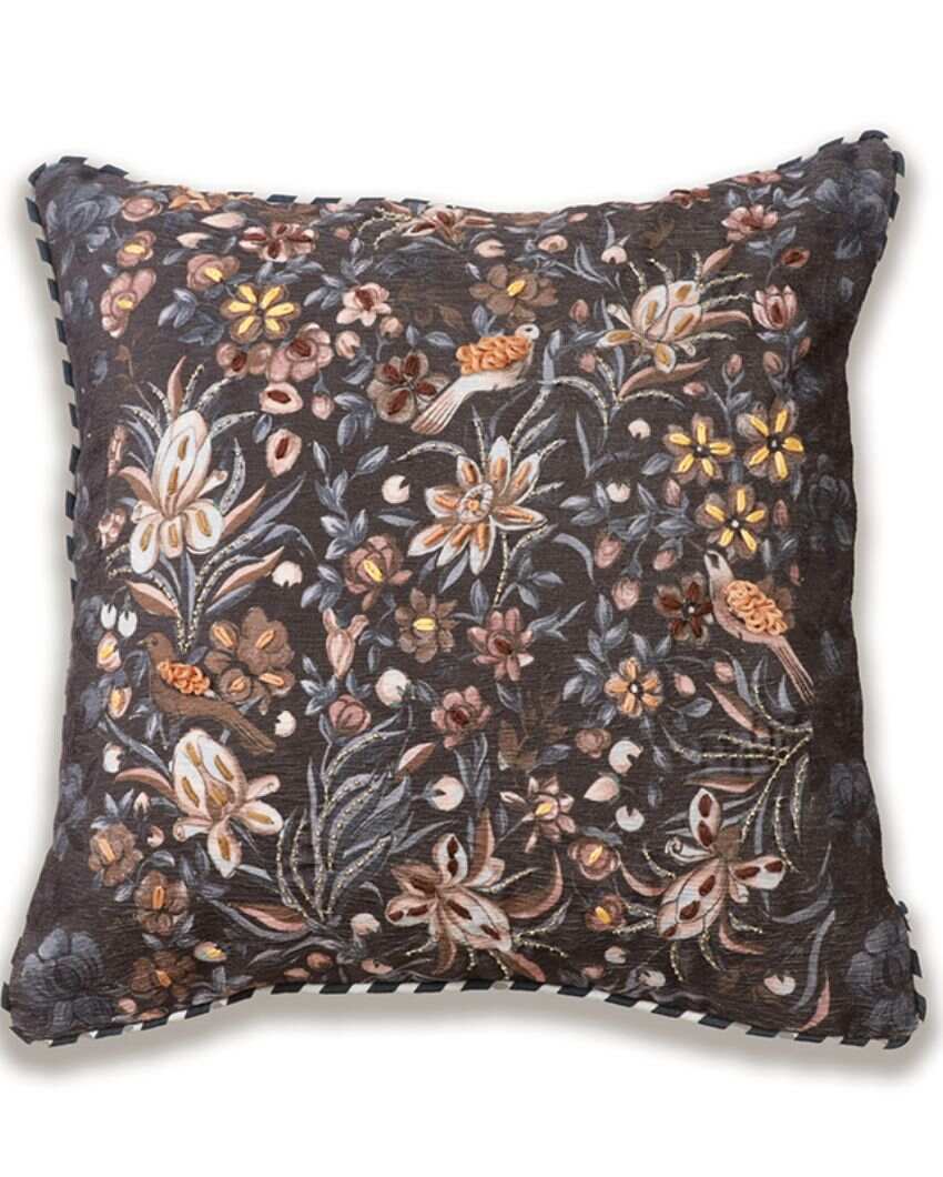 Waadi Chenille Brown Cushion Cover With Embroidery