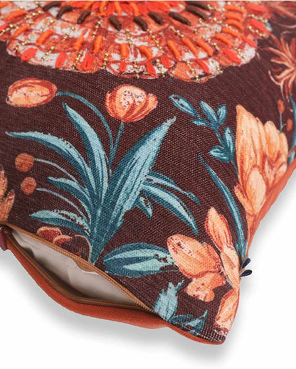 Pushp Chenille Rust Cushion Cover With Embroidery | 12 x 12 inches