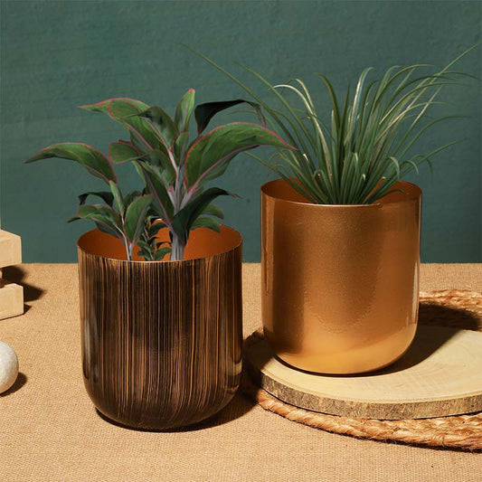 Chic Golden and Brown Cylindrical Metal Mini Planter | Set of 2 Default Title