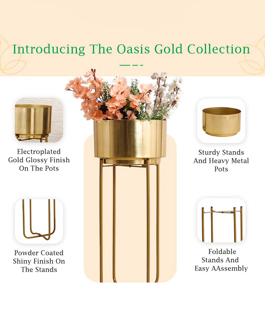 Oasis Gold Metal Planters with Stands | Set Of 2 | Plant not included