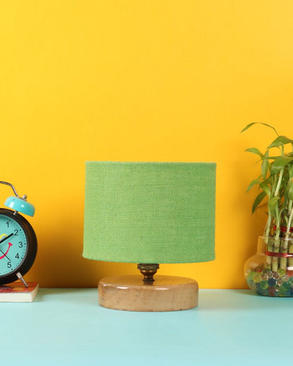 Jute Table Lamp With Wood Natural Round Base Green
