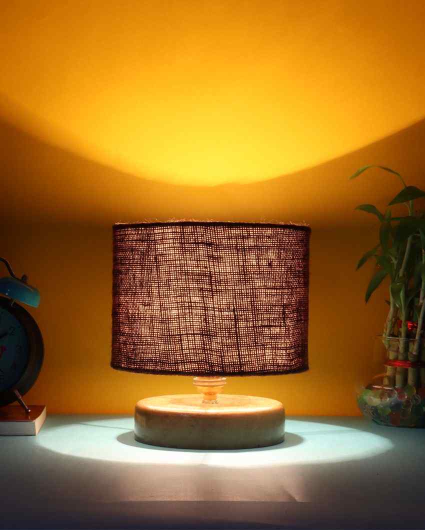 Jute Table Lamp With Wood Natural Round Base Brown