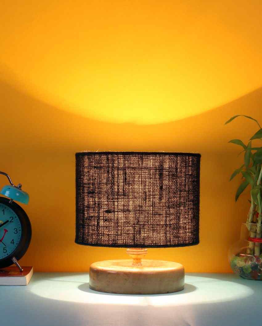 Jute Table Lamp With Wood Natural Round Base Black