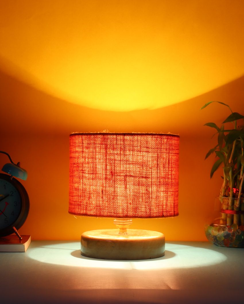 Jute Table Lamp With Wood Natural Round Base Orange