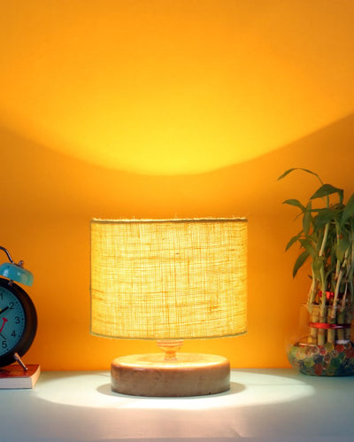 Jute Table Lamp With Wood Natural Round Base Yellow