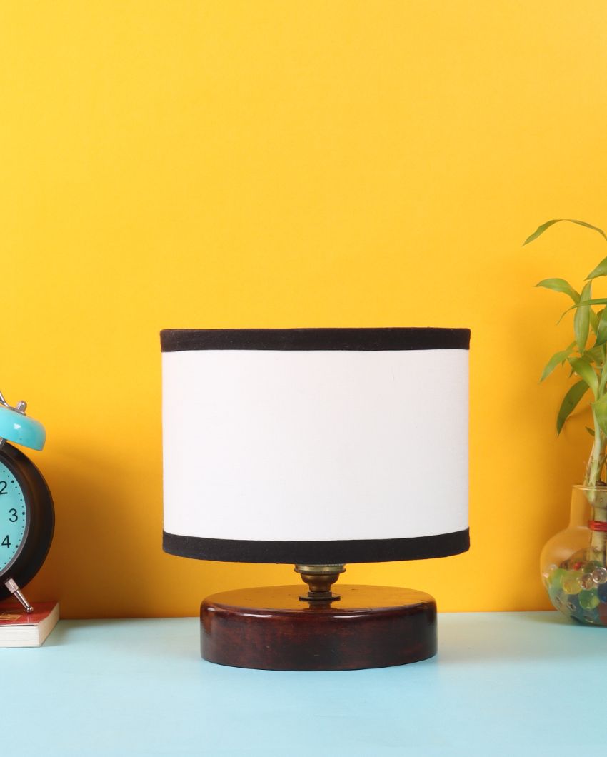 Monochrome Cotton Table Lamp With Chocolate Wood Base