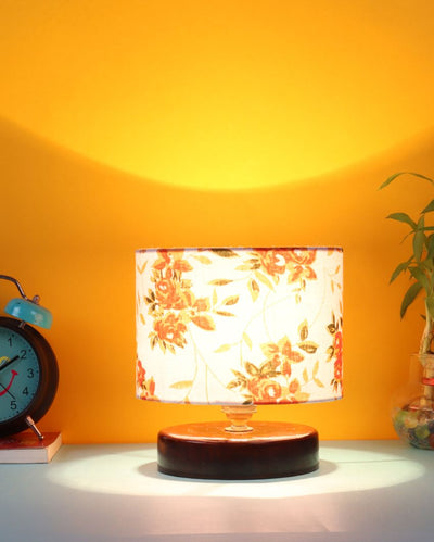 Orange Floral Print Table Lamp With Chocolate Wood Base