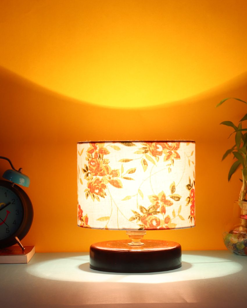 Orange Floral Print Table Lamp With Chocolate Wood Base