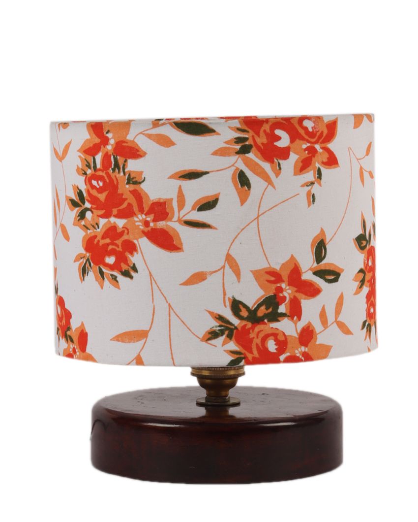 Orange Floral Print Table Lamp With Chocolate Wood Base