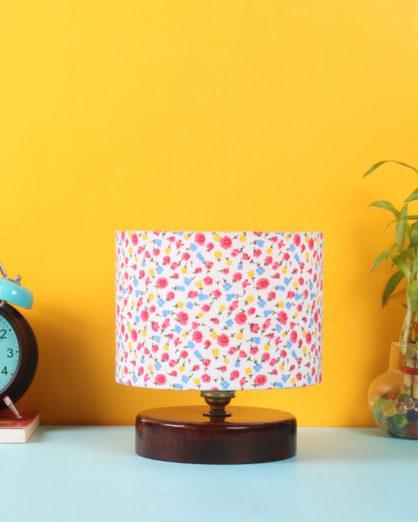 Small Flower Print Table Lamp With Chocolate Wood Base