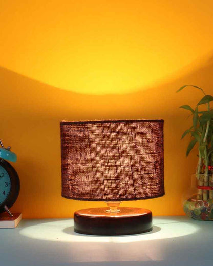 Alluring Jute Table Lamp With Chocolate Wood Base Brown