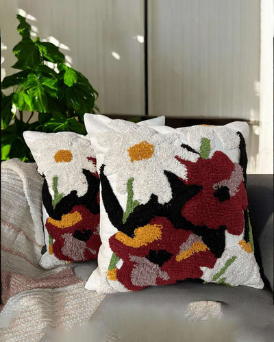 Cheerful Poppy Bloom Tufted Cushion Cover | 18 x 18 inches