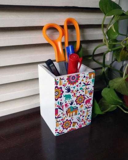 Traditional India Design White Pen Holder | 3 x 4 inches