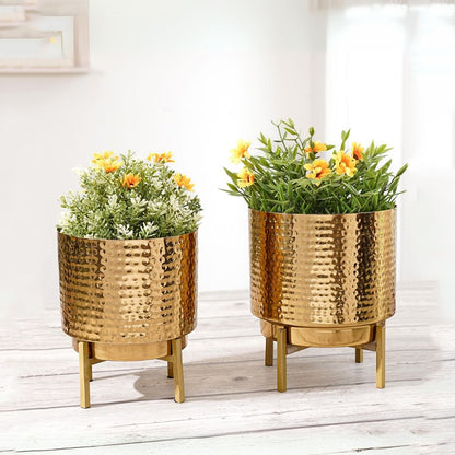 Elegant Golden Shade Hammered Planter Without Plant | Pack of 2