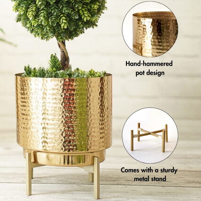 Modern Golden Finish Hammered Planter without Plant | 7 x 8 inches