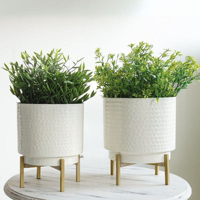 Modern White Finish Hammered Indoor Planter with Stand | Pack of 2