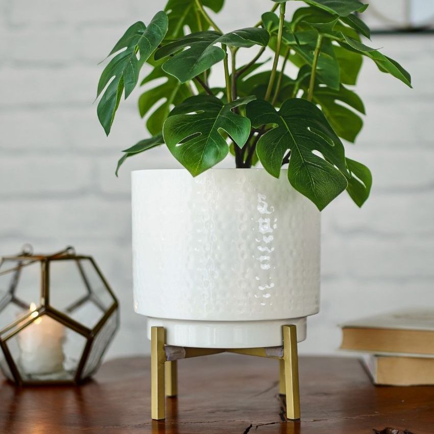 Elegant White Design Hammered Indoor Planter with Stand | 6 x 8 inches