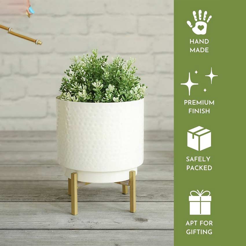 Elegant White Design Hammered Indoor Planter with Stand | 6 x 8 inches