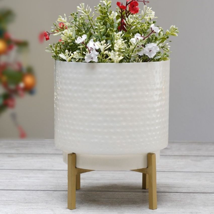 Beautiful White Design Metal Hammered Indoor Planter with Stand | 7 x 8 inches