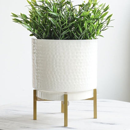 Beautiful White Design Metal Hammered Indoor Planter with Stand | 7 x 8 inches