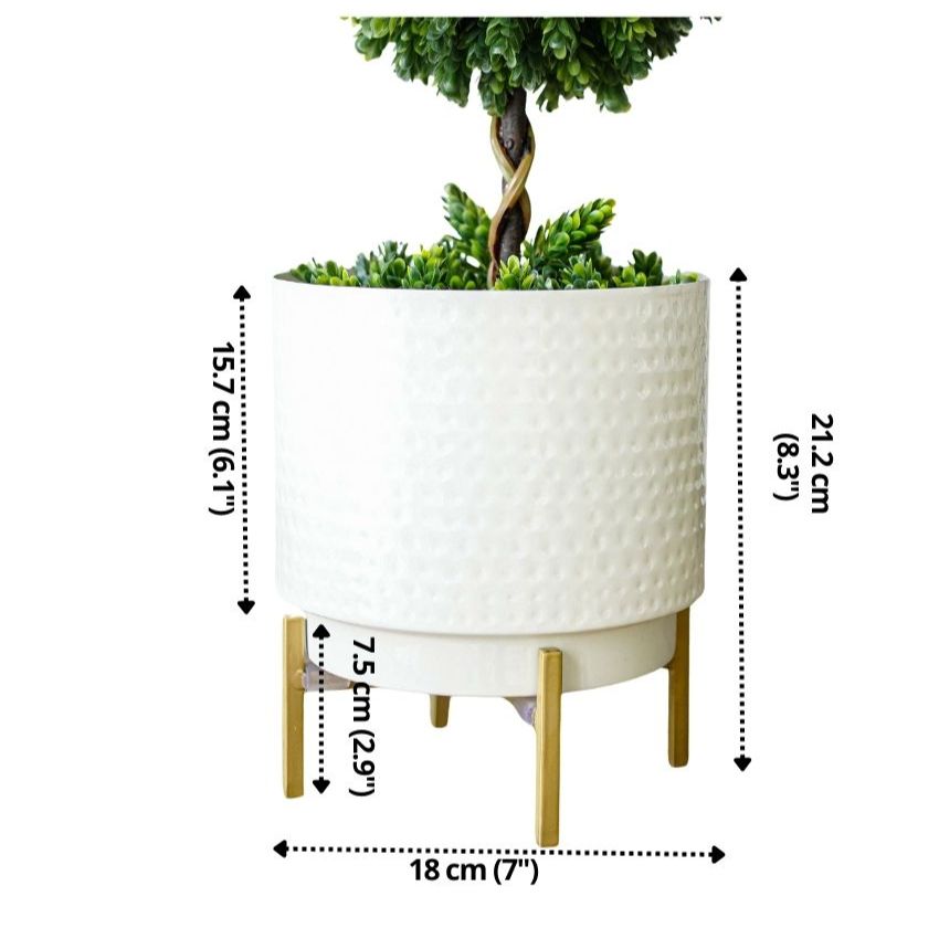 Beautiful White Design Metal Hammered Indoor Planter with Stand | 7 x 8 inches