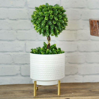 Beautiful White Design Metal Hammered Indoor Planter with Stand | 7 x 8 inches