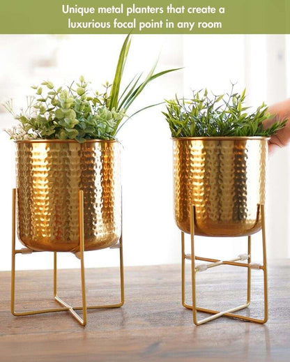 Radiance Hammered Golden Shade Planter Without Plant | Pack of 2