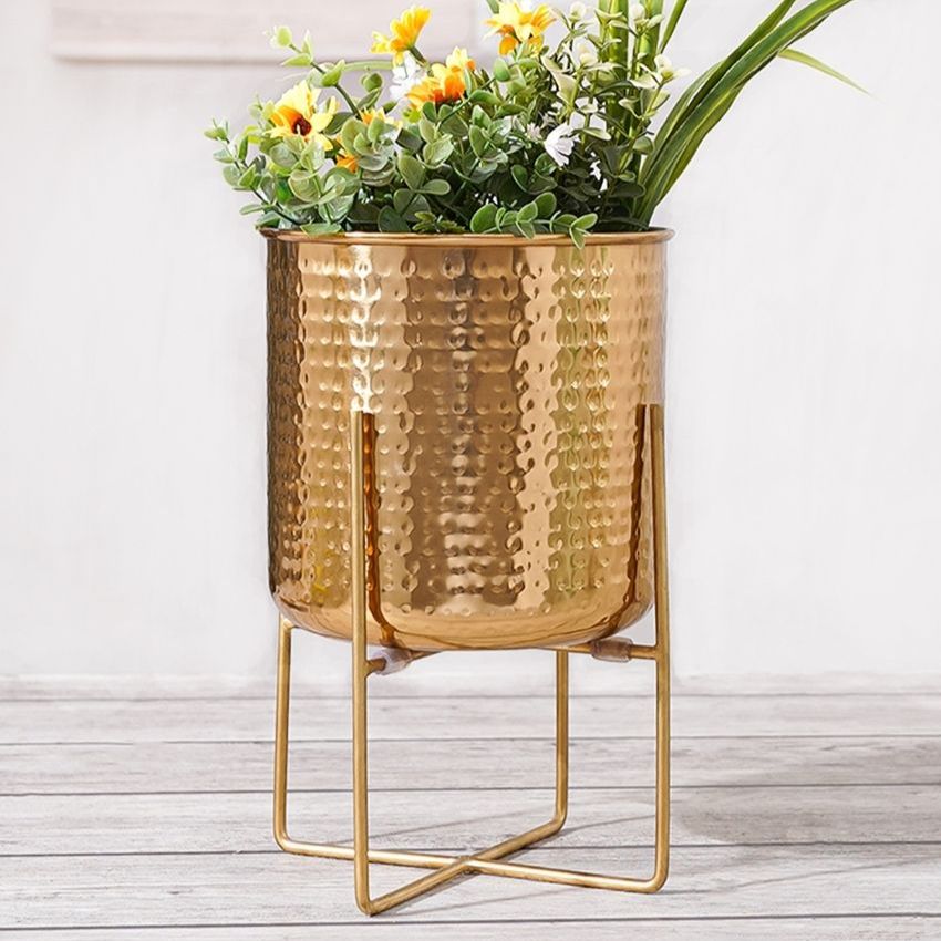 Elegant Golden Radiance Metal Hammered Planter with Stand | 7 x 11 inches