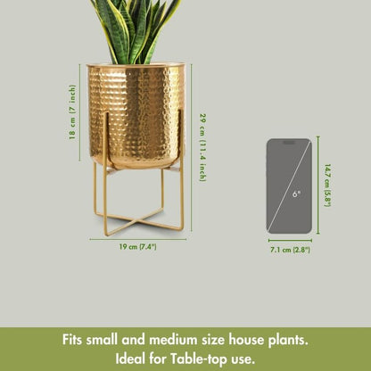 Elegant Golden Radiance Metal Hammered Planter with Stand | 7 x 11 inches