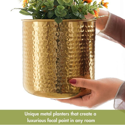 Elegant Golden Radiance Metal Hammered Planter with Stand | 7 x 11 inches