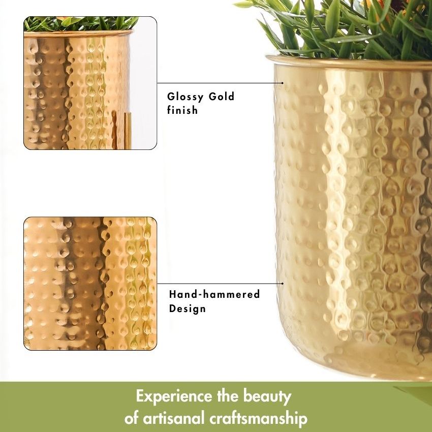 Elegant Golden Radiance Metal Hammered Planter with Stand | 7 x 11 inches