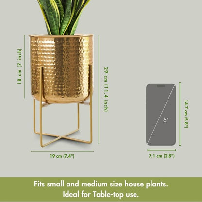 Elegant Golden Radiance Metal Hammered Planter with Stand | 7 x 11 inches