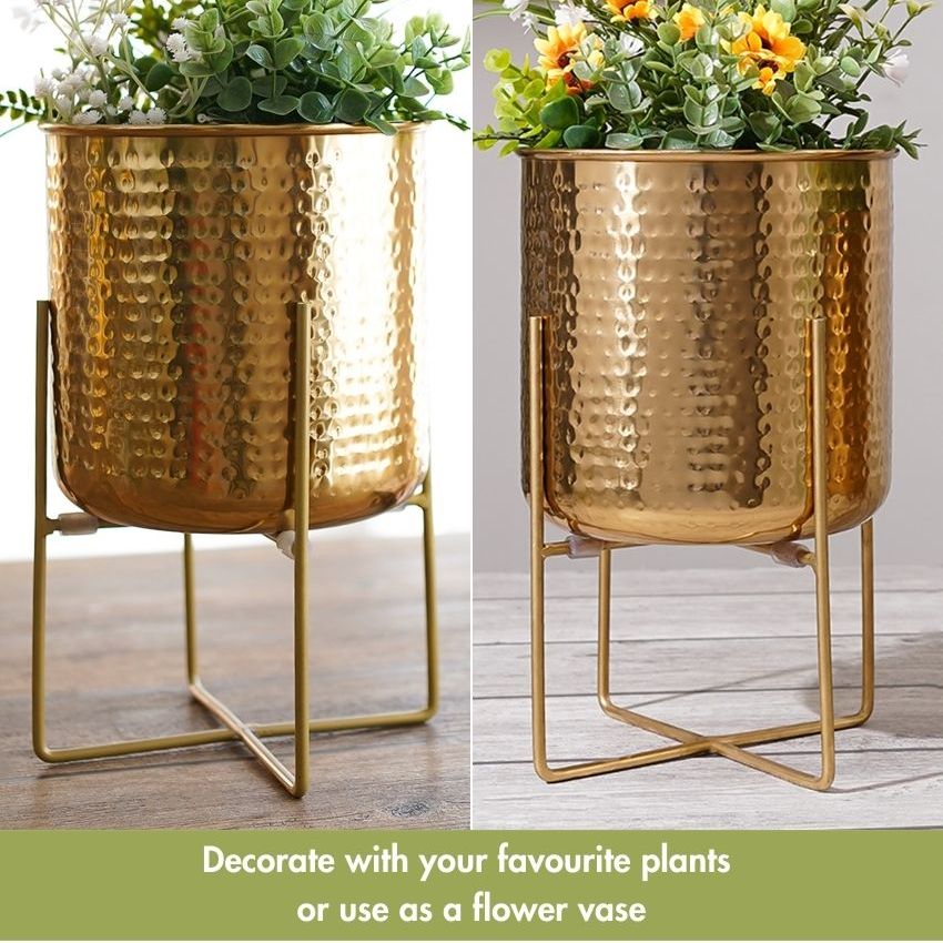 Elegant Golden Radiance Metal Hammered Planter with Stand | 7 x 11 inches