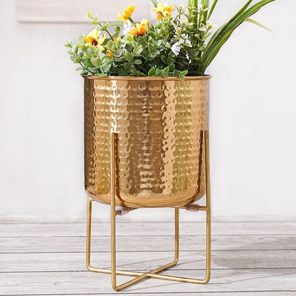 Elegant Golden Radiance Metal Hammered Planter with Stand | 7 x 11 inches