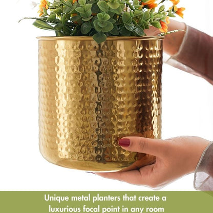 Elegant Golden Radiance Metal Hammered Planter with Stand | 7 x 11 inches