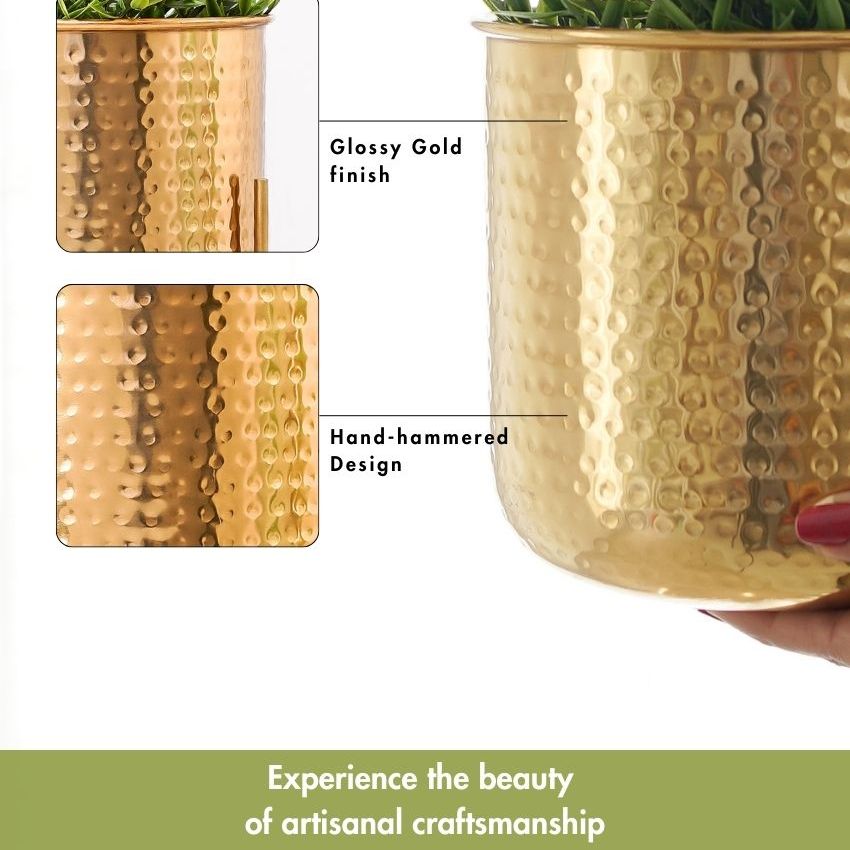 Elegant Golden Radiance Metal Hammered Planter with Stand | 7 x 11 inches