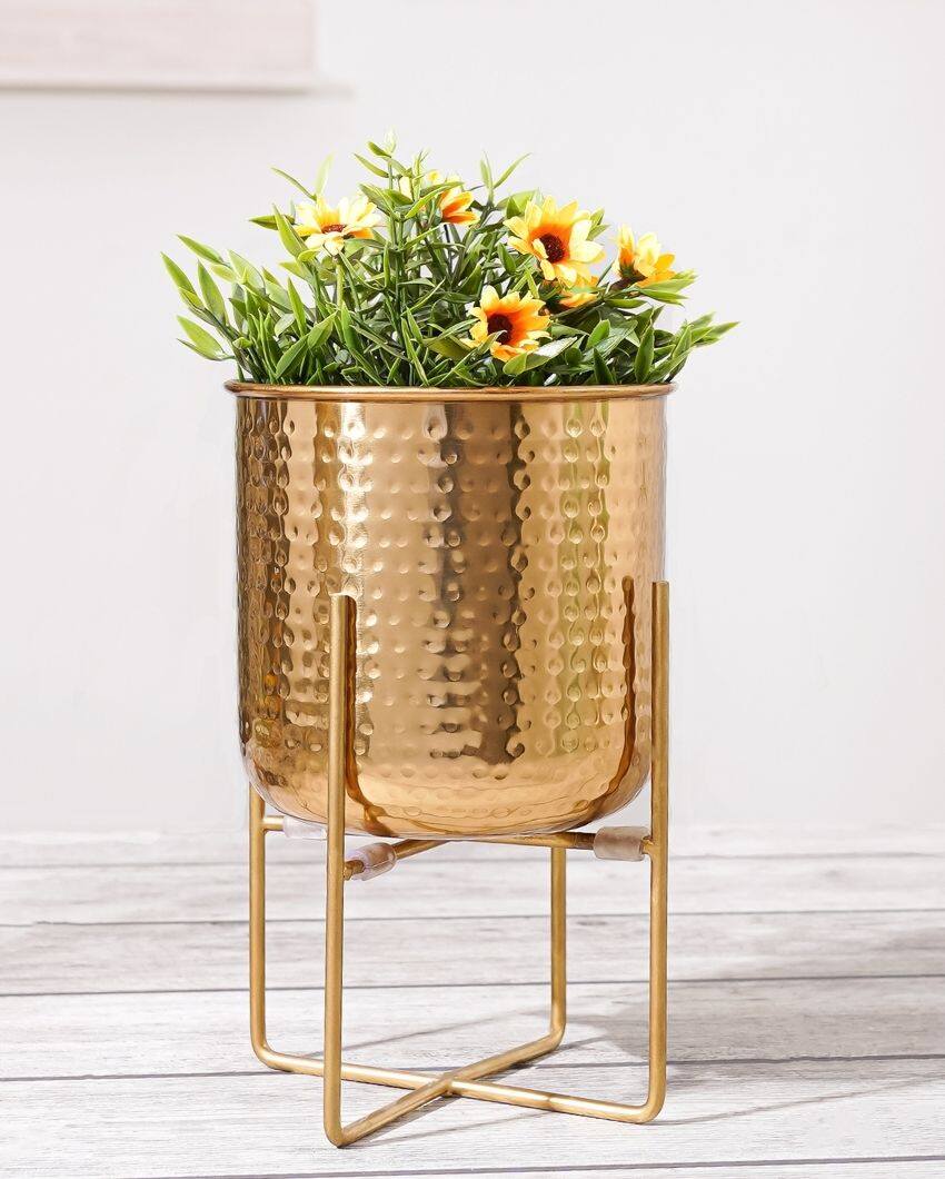 Hand Hammered Glossy Golden Finish Planter Without Plant | 6 x 10 inches