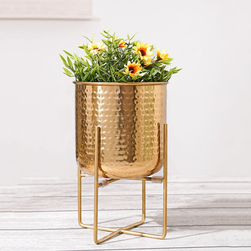 Hand Hammered Glossy Golden Finish Planter Without Plant | 6 x 10 inches