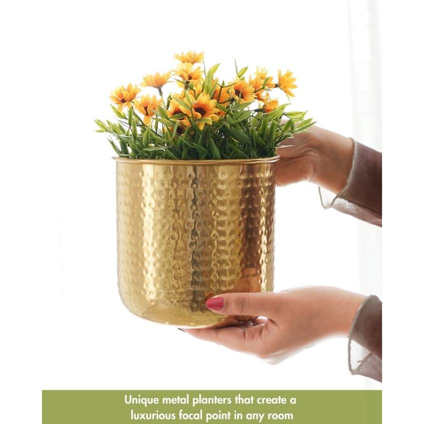 Hand Hammered Glossy Golden Finish Planter Without Plant | 6 x 10 inches