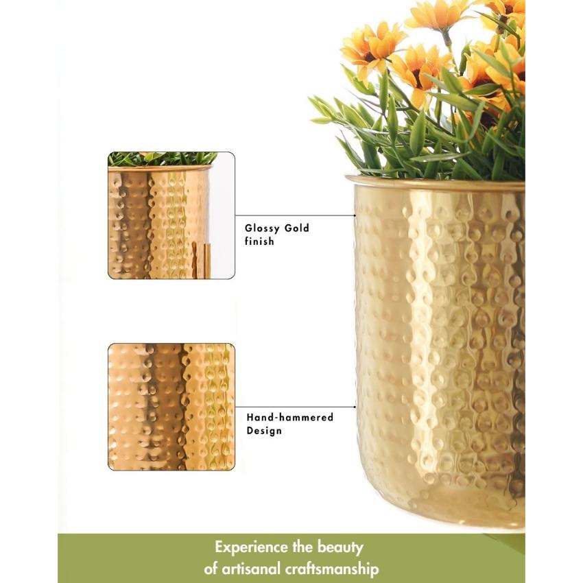 Hand Hammered Glossy Golden Finish Planter Without Plant | 6 x 10 inches