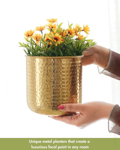 Hand Hammered Glossy Golden Finish Planter Without Plant | 6 x 10 inches