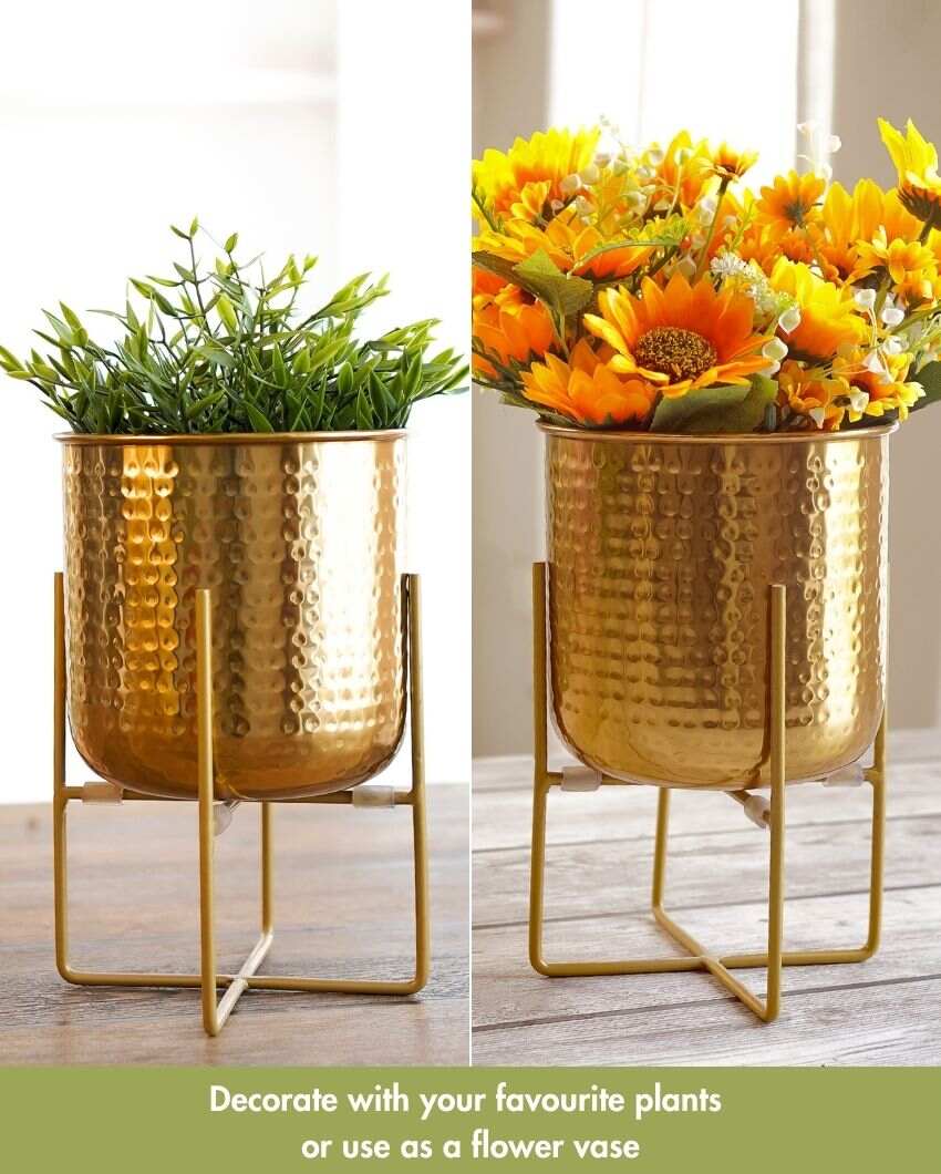 Hand Hammered Glossy Golden Finish Planter Without Plant | 6 x 10 inches