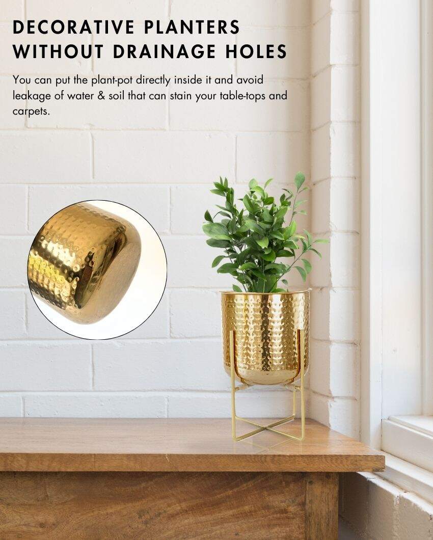 Hand Hammered Glossy Golden Finish Planter Without Plant | 6 x 10 inches