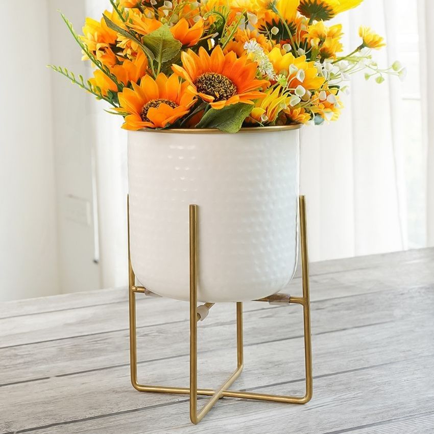 Elegant Golden Radiance Metal Hammered Planter with Stand | 7 x 11 inches