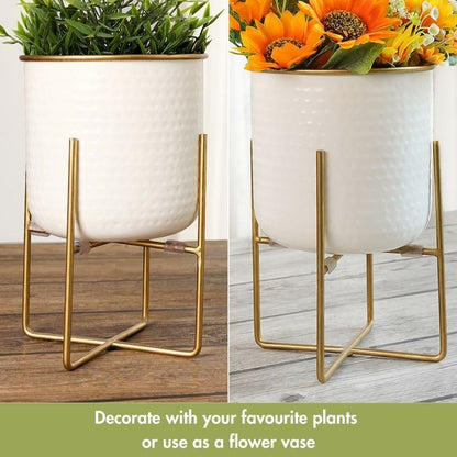 Elegant Golden Radiance Metal Hammered Planter with Stand | 7 x 11 inches