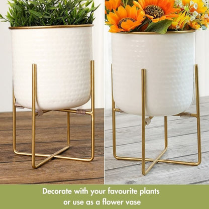 Elegant Golden Radiance Metal Hammered Planter with Stand | 7 x 11 inches